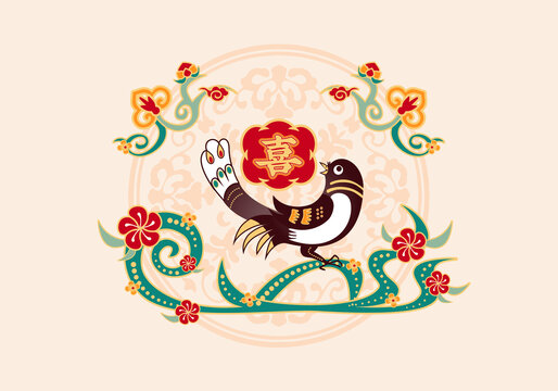 喜上眉梢彩繪喜鵲梅花矢量國潮紋樣