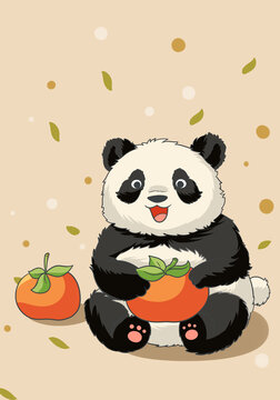 卡通可愛熊貓抱著柿子