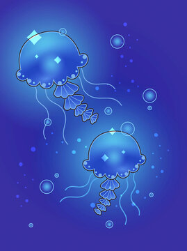 海洋深海水母可愛生物插畫
