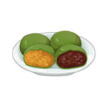 手繪青團(tuán)糕點(diǎn)豆沙咸蛋黃肉松口味插畫