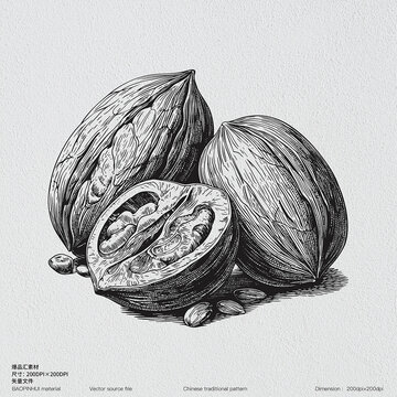 核桃干果素描版畫矢量素材線描堅果