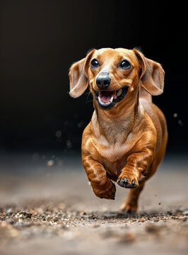 一只快樂的棕色迷你臘腸犬在公園里奔跑