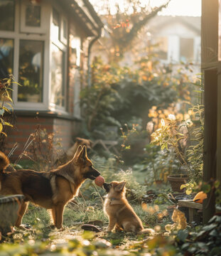 德國(guó)牧羊犬和一只小狗在花園里玩球