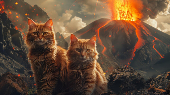 兩只貓坐在火山前