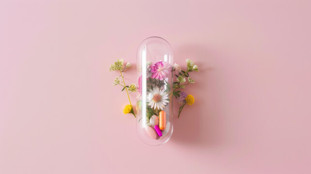 一粒裝滿鮮花和藥丸的膠囊的特寫鏡頭
