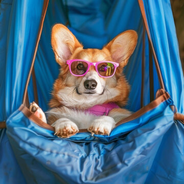 一只戴著太陽鏡的可愛柯基犬坐在藍(lán)色吊床上