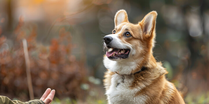 一只可愛(ài)柯基犬在公園里仰望它的主人