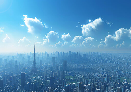 晴空萬里下的現(xiàn)代化城市全景