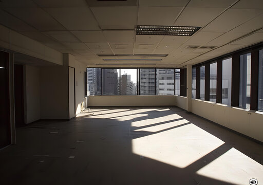 空蕩蕩的辦公室房間，城市景觀
