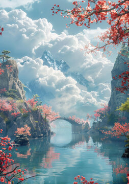 夢幻山水湖泊木橋美景