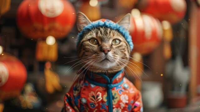 一只身穿中國(guó)傳統(tǒng)服飾的貓坐在紅燈籠前