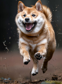 一只快樂的柴犬犬正在半空中奔跑