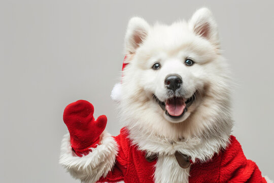 薩摩耶犬戴著圣誕帽和紅色外套