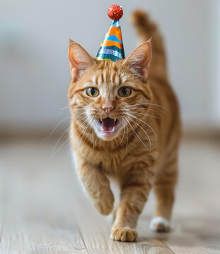 一只戴著生日帽的姜黃色貓咪