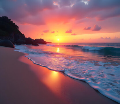 海灘夕陽下的泡沫浪花