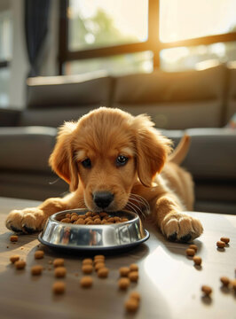一只可愛的金毛獵犬幼犬在室內(nèi)從碗里吃食物