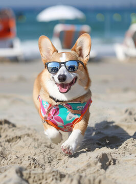 一只戴著太陽鏡的快樂柯基犬在海灘上奔跑