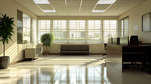 現(xiàn)代辦公室室內(nèi)設(shè)計(jì)，大窗戶和城市天際線景觀