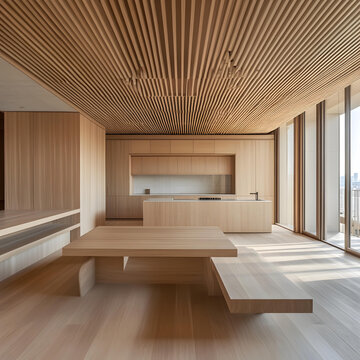現(xiàn)代木質(zhì)天花板和地板的廚房和餐廳室內(nèi)設(shè)計