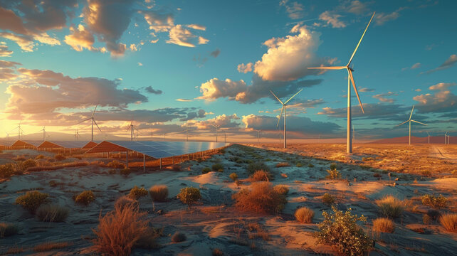 沙漠中的大型太陽能和風(fēng)能發(fā)電場