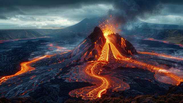 火山爆發(fā)時熔巖從山坡上流下