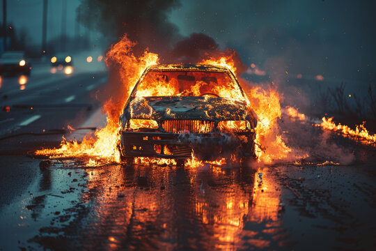 夜間汽車著火火焰和濃煙彌漫