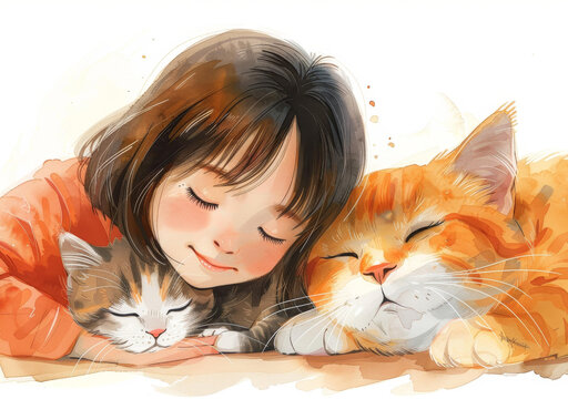 小女孩和貓和貓咪一起睡覺