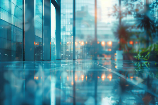 現(xiàn)代玻璃建筑內(nèi)部閃亮的反光瓷磚地板