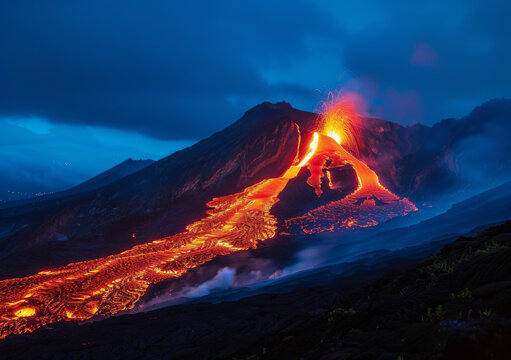 夜幕下火山熔巖沿山坡流淌