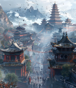 中國古代城市朦朧煙雨圖景