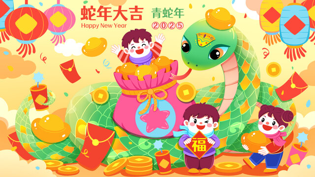 青蛇年蛇年大吉福娃賀歲插畫