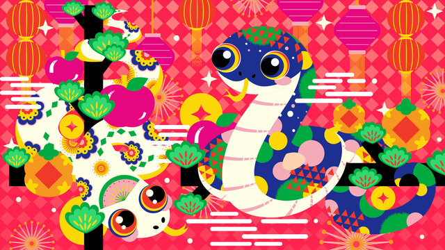 矢量蛇年創(chuàng)意幾何圖形生肖雙蛇插畫