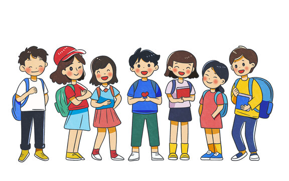 一群學生開學上課卡通人物插畫