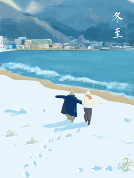 唯美日系海邊手繪插畫