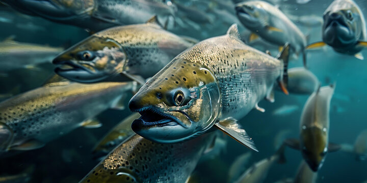 一群鮭魚在河里或海里游泳