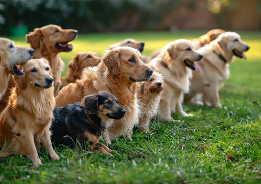 十只金毛獵犬和一只黑狗坐在草地上