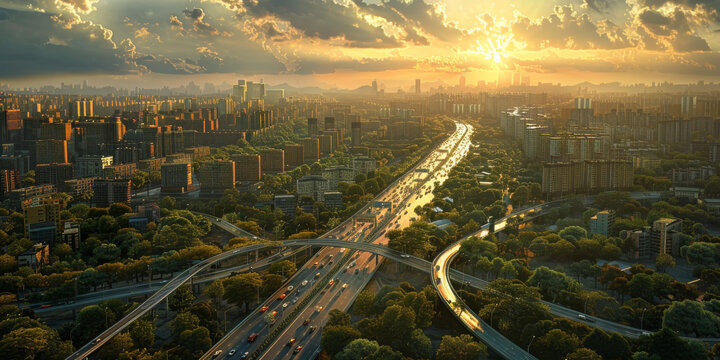 夕陽(yáng)下的城市公路網(wǎng)全景