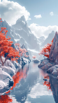 奇幻山河紅樹圖