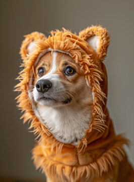 一只可愛的小柯基犬戴著獅子頭套