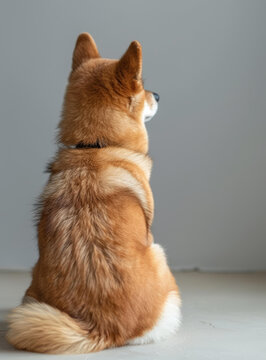 一只姜黃色柴犬背對著鏡頭坐著