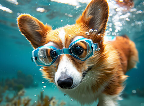 一只可愛的小柯基犬戴著游泳鏡在水下游泳