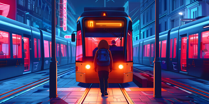 霓虹城市中的行人與火車