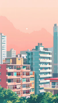 粉色日落下的城市建筑