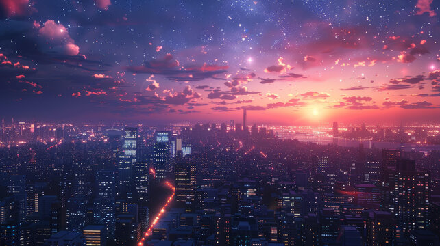 夢(mèng)幻星空下的城市日落