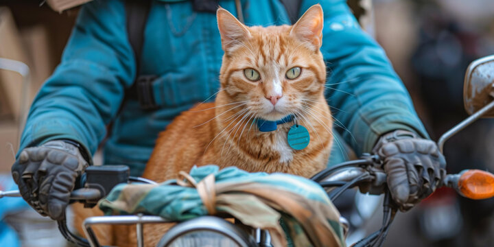 一只姜黃色貓坐在摩托車(chē)上