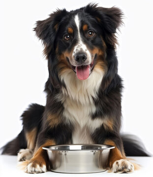 一只可愛澳大利亞牧羊犬和一個金屬碗