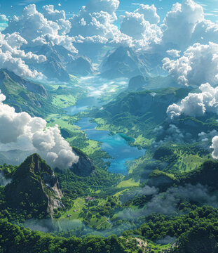 云海山谷湖泊美景全景圖