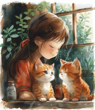 小女孩和兩只小貓坐在窗臺(tái)上
