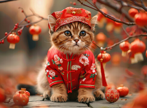 一只身穿中國(guó)傳統(tǒng)服飾的可愛貓咪