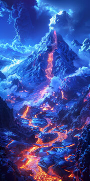 火山爆發(fā)巖漿從山坡上流下